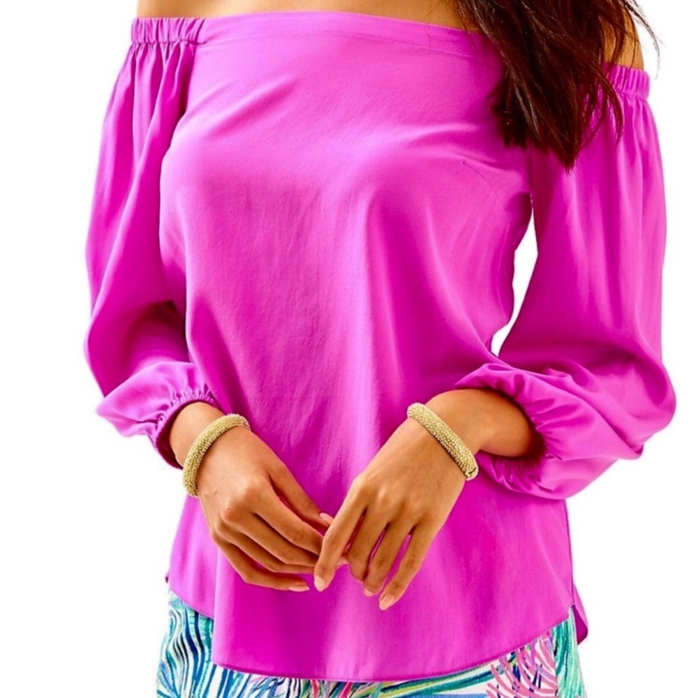 LILLY PULITZER OFF-THE-SHOULDER SILK TOP IN BRILLIANT PURPLE Size-XL